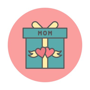 Anneler günü simgesi, kırmızı kalpli hediye kutusu ve anne metni, vektör düz simgesi 