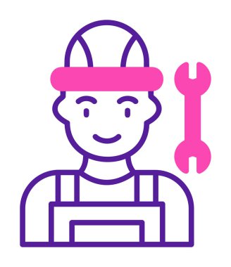 Araba tamircisi ikonu. Ağ için ingiliz anahtarı ve sert başlıklı vektör simgelerine sahip insan tasviri