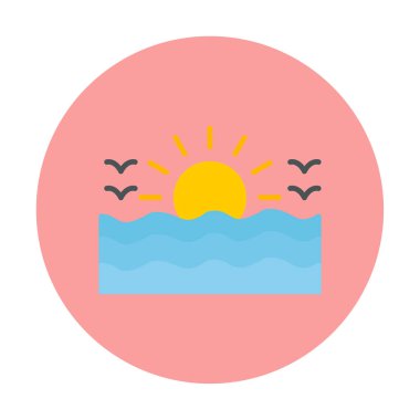 Uçan martılar ikonuyla güneş ve denizin vektör çizimi 