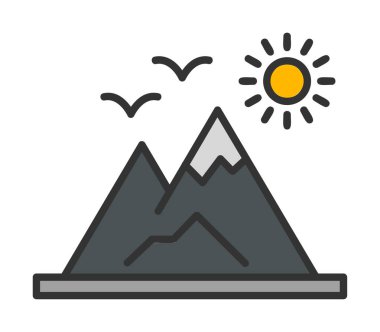 Dağların ve güneşin simgesi. vektör illüstrasyonu