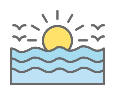 Uçan martılar ikonuyla güneş ve denizin vektör çizimi 