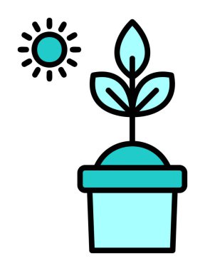 Güneş ve bitki saksı ikonunda. Vektör çizimi. Fotosentez sembolü 
