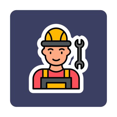 Araba tamircisi ikonu. Ağ için ingiliz anahtarı ve sert başlıklı vektör simgelerine sahip insan tasviri