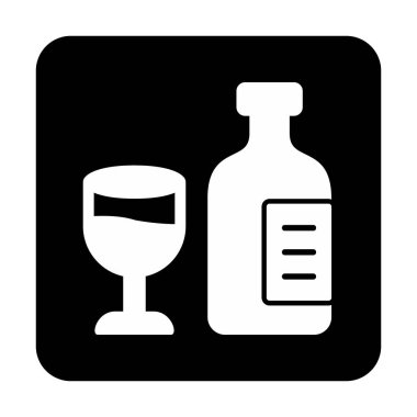 Şarap kadehi simgesi olan şişe, vektör illüstrasyonu 