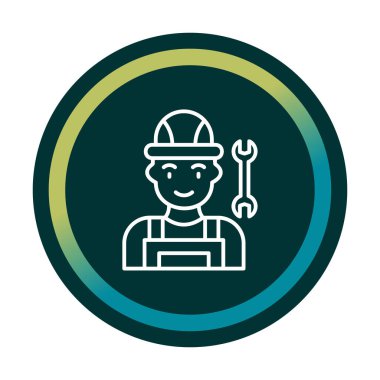 Araba tamircisi ikonu. Ağ için ingiliz anahtarı ve sert başlıklı vektör simgelerine sahip insan tasviri