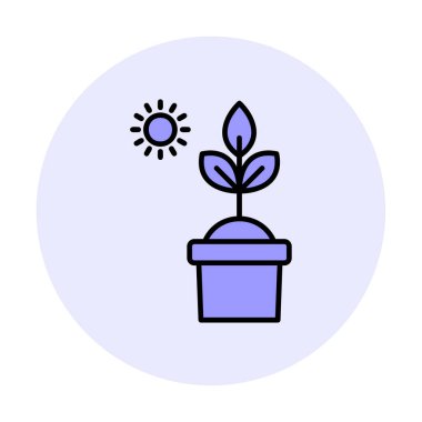 Güneş ve bitki saksı ikonunda. Vektör çizimi. Fotosentez sembolü 