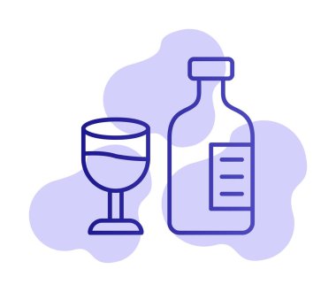 Şarap kadehi simgesi olan şişe, vektör illüstrasyonu 