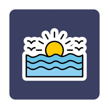 Uçan martılar ikonuyla güneş ve denizin vektör çizimi 