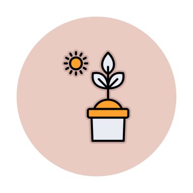 Güneş ve bitki saksı ikonunda. Vektör çizimi. Fotosentez sembolü 