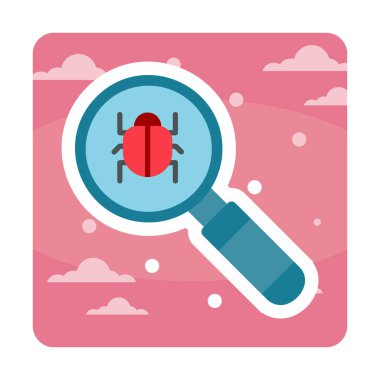 Böcekli büyüteç, virüs tespit simgesi, vektör illüstrasyon tasarımı 