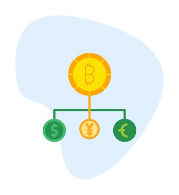Bitcoin, dolar, avro ve yen sembollü para birimi yapısı 