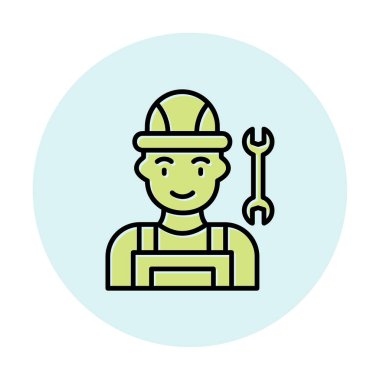 Araba tamircisi ikonu. Ağ için ingiliz anahtarı ve sert başlıklı vektör simgelerine sahip insan tasviri