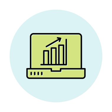 Dizüstü bilgisayar ekran simgesi üzerindeki bar grafiği, vektör illüstrasyonu