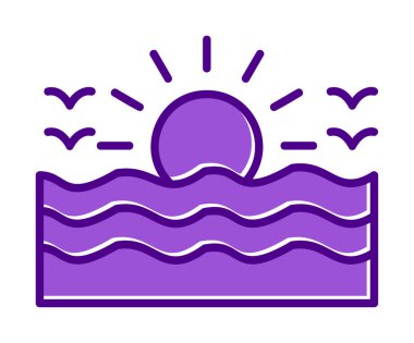 Uçan martılar ikonuyla güneş ve denizin vektör çizimi 