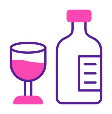 Şarap kadehi simgesi olan şişe, vektör illüstrasyonu 