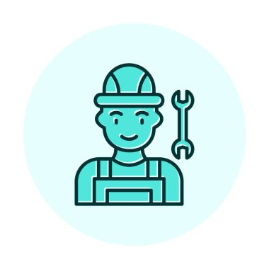 Araba tamircisi ikonu. Ağ için ingiliz anahtarı ve sert başlıklı vektör simgelerine sahip insan tasviri