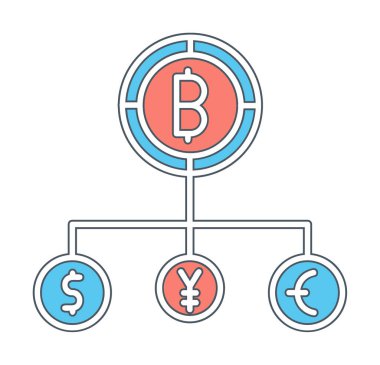 Bitcoin, dolar, avro ve yen sembollü para birimi yapısı 