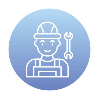 Araba tamircisi ikonu. Ağ için ingiliz anahtarı ve sert başlıklı vektör simgelerine sahip insan tasviri