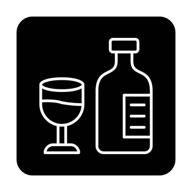 Şarap kadehi simgesi olan şişe, vektör illüstrasyonu 