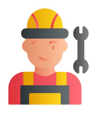 Araba tamircisi ikonu. Ağ için ingiliz anahtarı ve sert başlıklı vektör simgelerine sahip insan tasviri