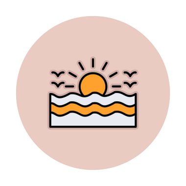 Uçan martılar ikonuyla güneş ve denizin vektör çizimi 