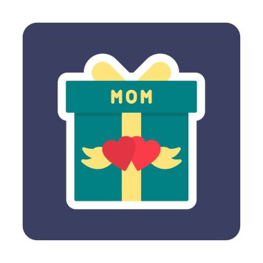 Anneler günü simgesi, kırmızı kalpli hediye kutusu ve anne metni, vektör düz simgesi 