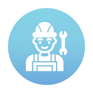 Araba tamircisi ikonu. Ağ için ingiliz anahtarı ve sert başlıklı vektör simgelerine sahip insan tasviri