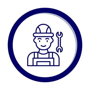 Araba tamircisi ikonu. Ağ için ingiliz anahtarı ve sert başlıklı vektör simgelerine sahip insan tasviri