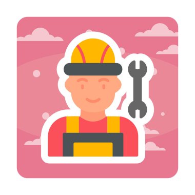 Araba tamircisi ikonu. Ağ için ingiliz anahtarı ve sert başlıklı vektör simgelerine sahip insan tasviri