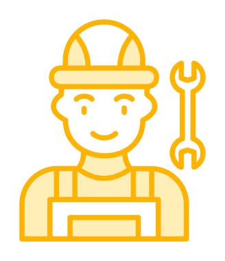 Araba tamircisi ikonu. Ağ için ingiliz anahtarı ve sert başlıklı vektör simgelerine sahip insan tasviri