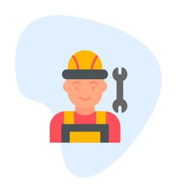 Araba tamircisi ikonu. Ağ için ingiliz anahtarı ve sert başlıklı vektör simgelerine sahip insan tasviri