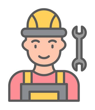 Araba tamircisi ikonu. Ağ için ingiliz anahtarı ve sert başlıklı vektör simgelerine sahip insan tasviri