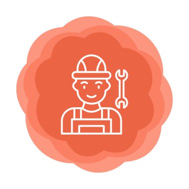 Araba tamircisi ikonu. Ağ için ingiliz anahtarı ve sert başlıklı vektör simgelerine sahip insan tasviri