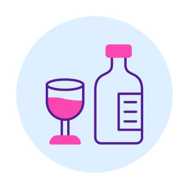 Şarap kadehi simgesi olan şişe, vektör illüstrasyonu 