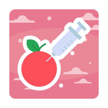 Gmo Food, şırınga ikonlu elma, vektör illüstrasyonu 