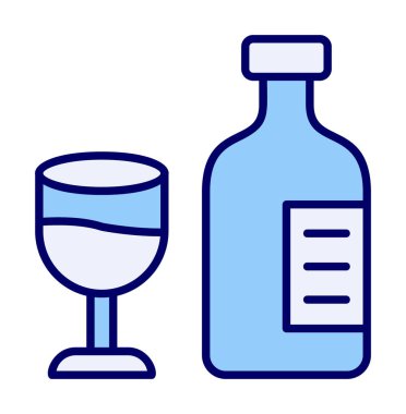 Şarap kadehi simgesi olan şişe, vektör illüstrasyonu 