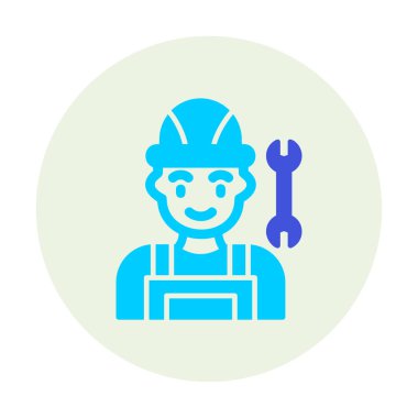 Araba tamircisi ikonu. Ağ için ingiliz anahtarı ve sert başlıklı vektör simgelerine sahip insan tasviri