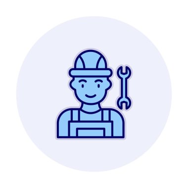 Araba tamircisi ikonu. Ağ için ingiliz anahtarı ve sert başlıklı vektör simgelerine sahip insan tasviri