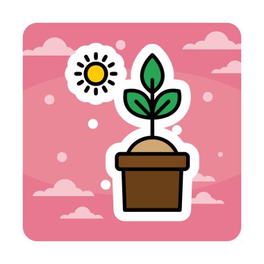 Güneş ve bitki saksı ikonunda. Vektör çizimi. Fotosentez sembolü 