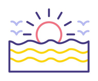 Uçan martılar ikonuyla güneş ve denizin vektör çizimi 