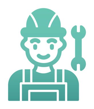 Araba tamircisi ikonu. Ağ için ingiliz anahtarı ve sert başlıklı vektör simgelerine sahip insan tasviri