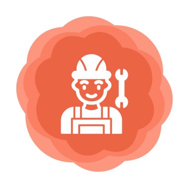 Araba tamircisi ikonu. Ağ için ingiliz anahtarı ve sert başlıklı vektör simgelerine sahip insan tasviri