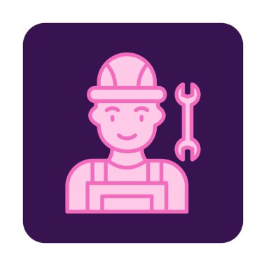 Araba tamircisi ikonu. Ağ için ingiliz anahtarı ve sert başlıklı vektör simgelerine sahip insan tasviri