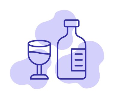 Şarap kadehi simgesi olan şişe, vektör illüstrasyonu 