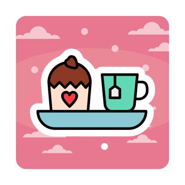 Öğleden sonra çay fincanı ve tatlı kek, vektör illüstrasyonu 