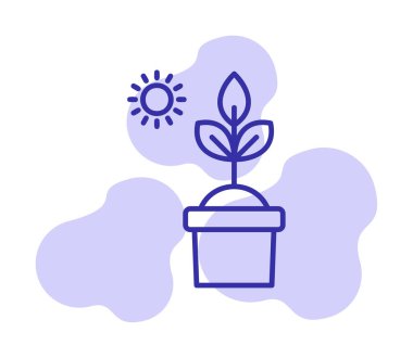 Güneş ve bitki saksı ikonunda. Vektör çizimi. Fotosentez sembolü 