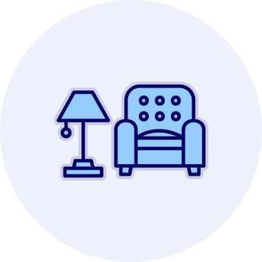 İç Tasarım Simgesi. Yer lambası ve Kol Sandalyesi tabelası. Vektör İllüstrasyonu