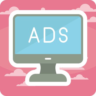 Web reklam simgesi, metin reklamları ile monitör, vektör illüstrasyonu