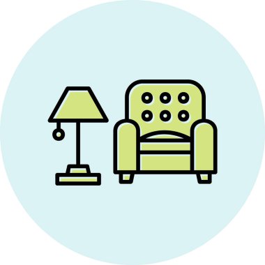 İç Tasarım Simgesi. Yer lambası ve Kol Sandalyesi tabelası. Vektör İllüstrasyonu