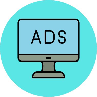 Web reklam simgesi, metin reklamları ile monitör, vektör illüstrasyonu